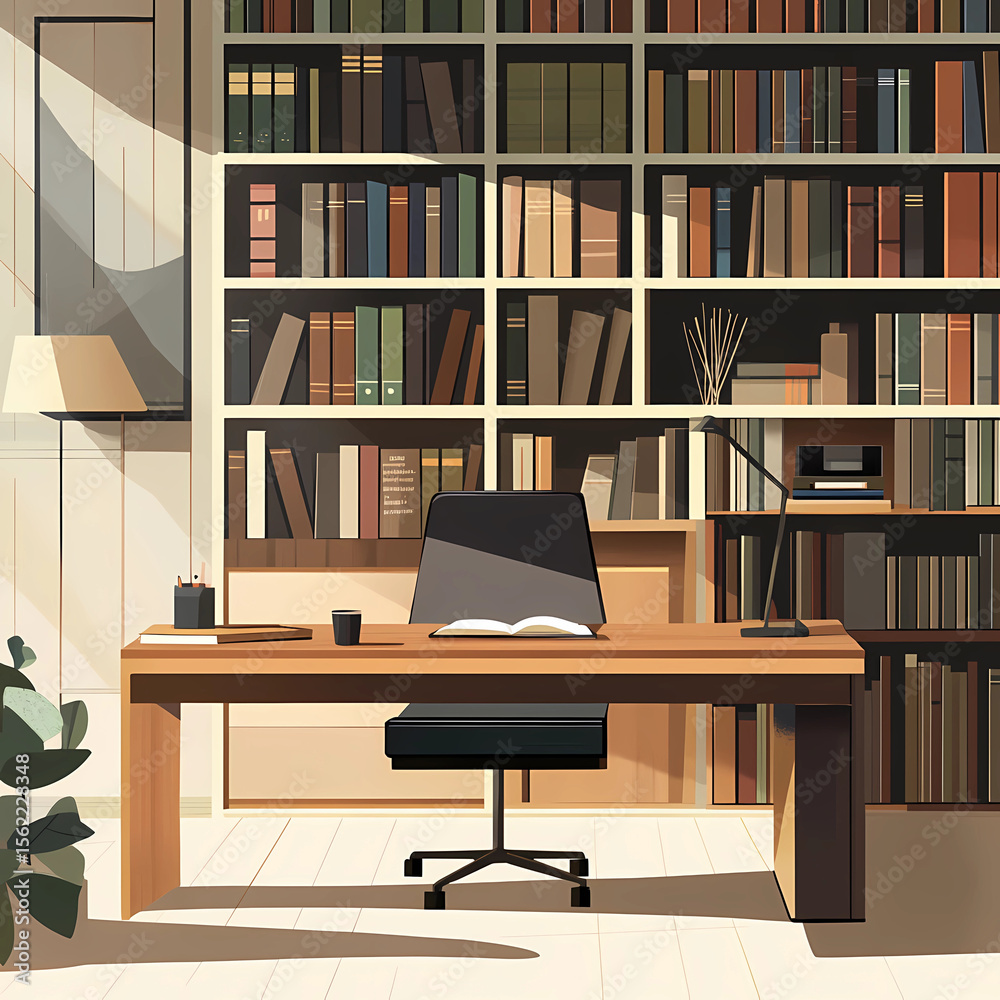 Cozy Home Office with Bookshelf and Wooden Desk in Natural Light Cozy Home Office with Bookshelf and Wooden Desk in Natural Light