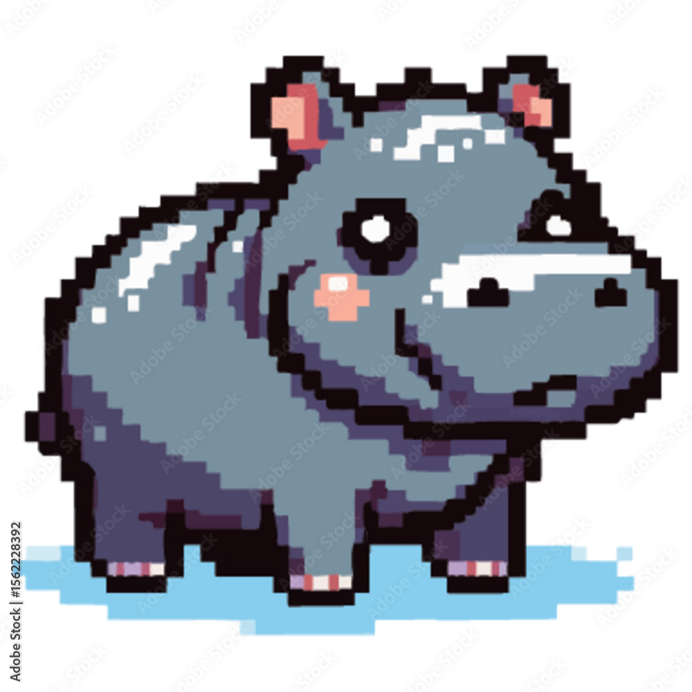 Obraz premium Pixelated cartoon hippopotamus with a cute smile, standing on a light blue surface.