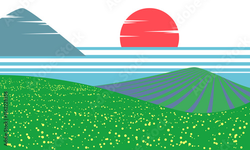 Flat vector landscape with rolling green fields, striped farmland hills, red sun, and stylized mountains. Modern minimal nature scene in bold color palette.