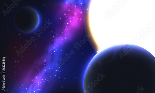 Vector illustration of deep space with glowing planets, bright stars, giant sun and a vibrant galactic nebula on a dark cosmic background. Perfect for astronomy, science, and space exploration themes