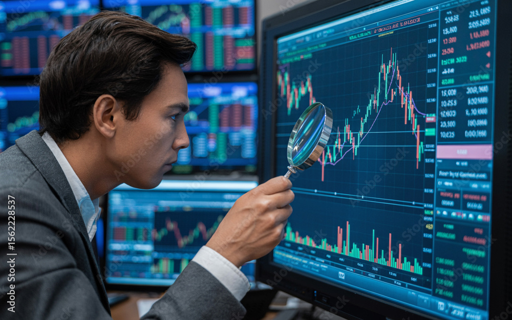 Fototapeta premium A financial analyst using a magnifying glass to analyze the stock market trading chart displayed on a monitor