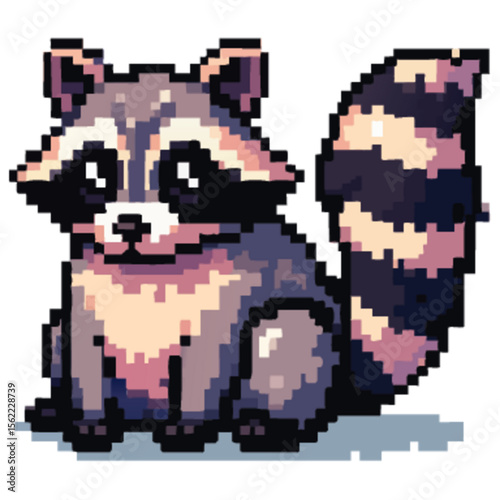 A pixelated raccoon sits, displaying its striped tail and masked face, looking friendly.