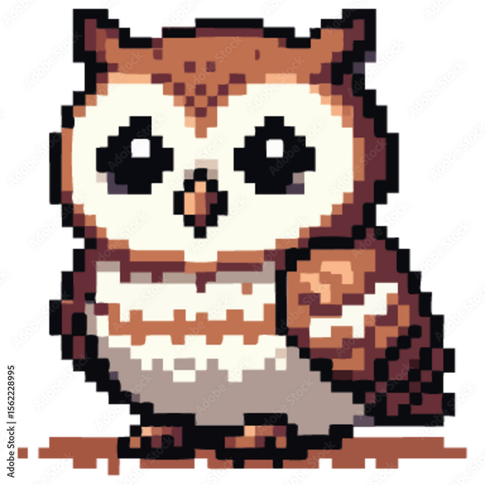 Fototapeta premium Adorable pixel art owl, brown and white plumage, large eyes, charming expression.