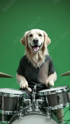 A Golden Retriever in a black t-shirt plays the drums with a big smile, against a green background