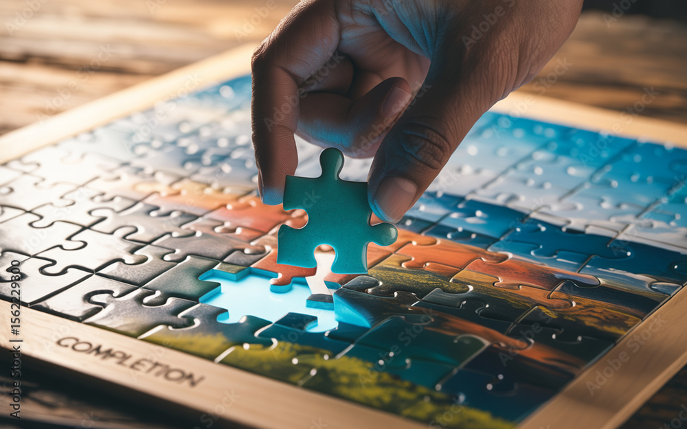 Naklejka premium A hand placing the final piece into a complete jigsaw puzzle symbolizing teamwork success and problem-solving strategies