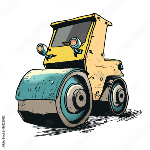 Whimsical Yellow Road Roller Cartoon Illustration
