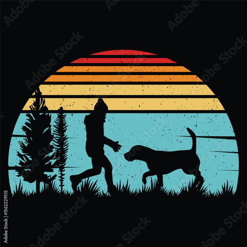 Vintage man walking with beagle dog silhouette vector