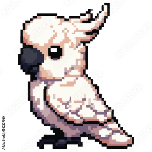 Pixelated illustration of a pale-cream cockatoo, side view, with detailed plumage.