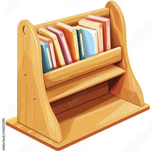 Wooden Bookshelf Filled with Colorful Books Displaying Reading Materials