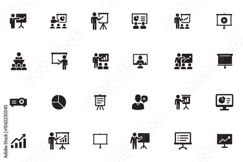 Business presentation and training glyph icon set, symbols for seminar, meeting, and corporate report