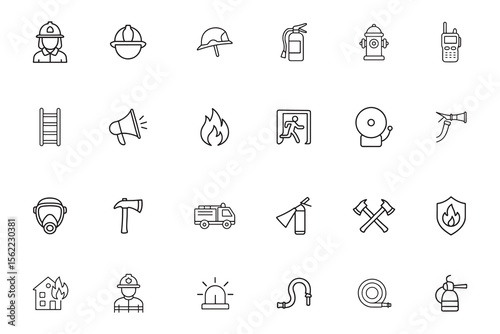 Firefighter line icon set, fire safety and emergency service equipment symbols