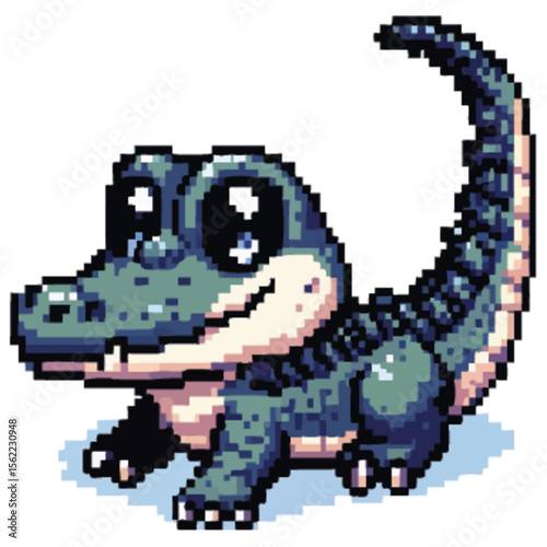 A charming pixel art illustration of a smiling baby alligator.