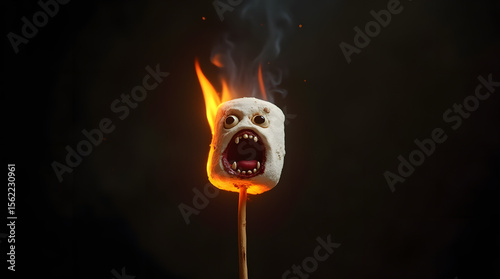 Chamallow d'Halloween en feu au bout d'un bâtonnet, illustration 3D, visage amusant ou effrayant 
