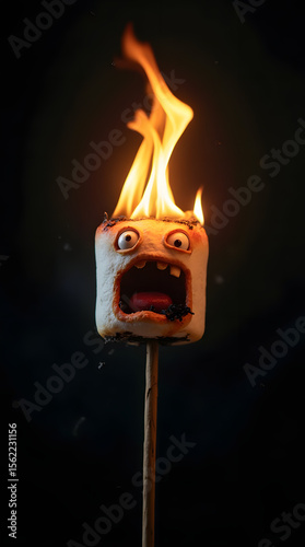 Chamallow d'Halloween en feu au bout d'un bâtonnet, illustration 3D, visage amusant ou effrayant 