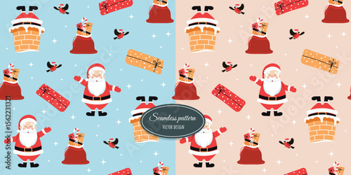 Winter Christmas seamless pattern with Santa Claus and gifts. Vector design for fabric, wallpaper, wrapping paper, and more.