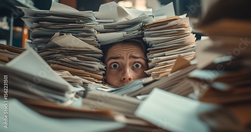Stressed man buried under huge pile of documents and paperwork in office chaos