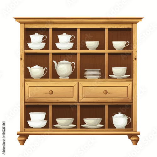 Wooden Cabinet Displaying Delicate White Tea Set and Dishes