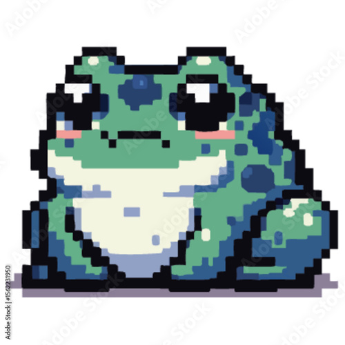Cute pixelated frog graphic design, sitting calmly.