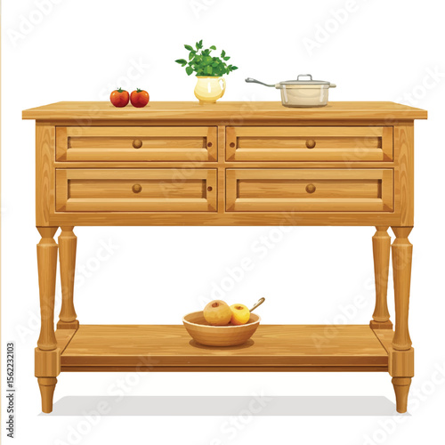 Wooden Kitchen Island with Fresh Produce and Cooking Utensils