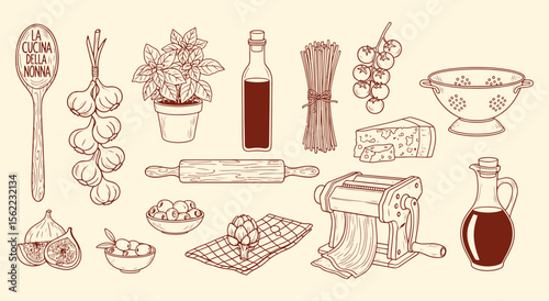Italian Kitchen Doodle Set. "La Cucina Della Nonna" hand drawn vector ingredients and tools for menus, recipes, or food blogs. Vintage cooking sketch.