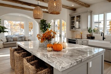 Modern kitchen interior with marble counter top decorated for fall with orange pumpkins and leaves, autumn home decoration	