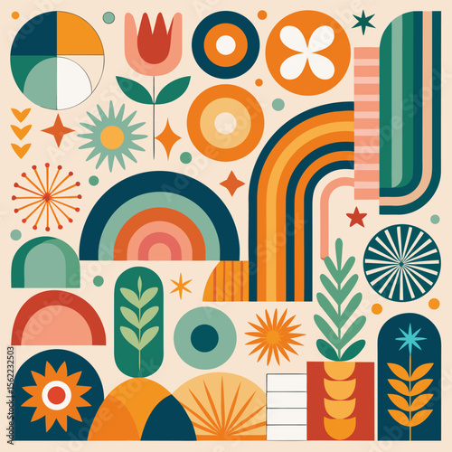 “Playful Abstract Geometric Pattern with Retro Shapes and Colorful Elements – Mid-Century Modern Style Design”