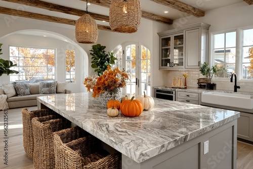 Modern kitchen interior with marble counter top decorated for fall with orange pumpkins and leaves, autumn home decoration	