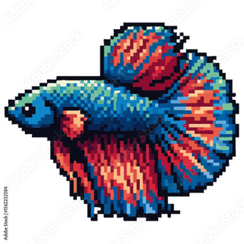 Pixelated depiction of a vibrant Betta fish with flowing fins, isolated.