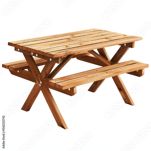 Wooden Picnic Table with Attached Benches Angled View Outdoors