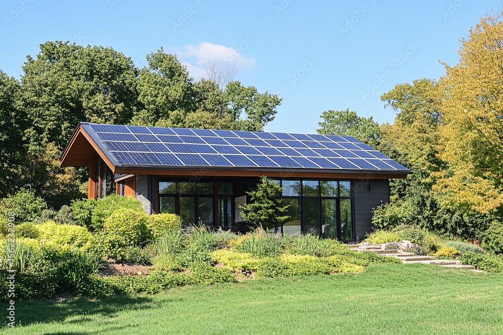 Modern energy-efficient home with solar panels, sustainable landscaping, and desert-adapted garden design Modern energy-efficient home with solar panels, sustainable landscaping, and desert-adapted garden design
