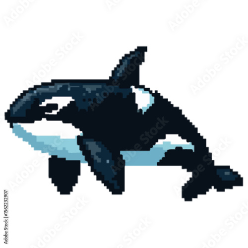 Pixel art depiction of a killer whale, showcasing its distinctive black and white markings.