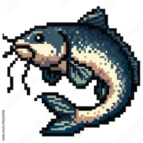 Pixel art depiction of a large catfish, swimming, detailed scales and whiskers.