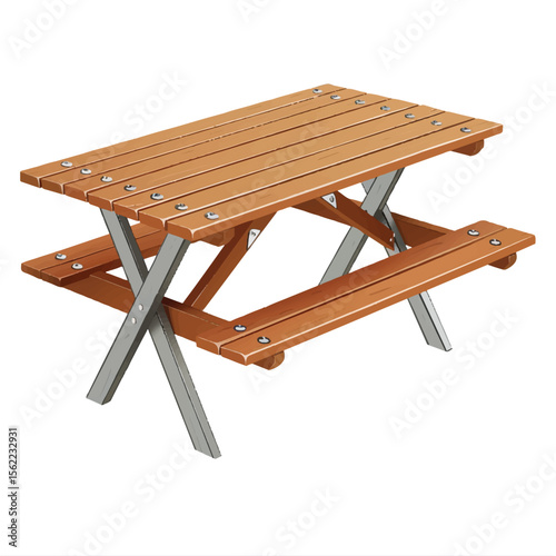 Wooden Picnic Table with Metal Legs Detailed and Isolated