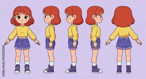 Character sheet with girl model five poses hair yellow sweater blue shorts white socks and blue shoes