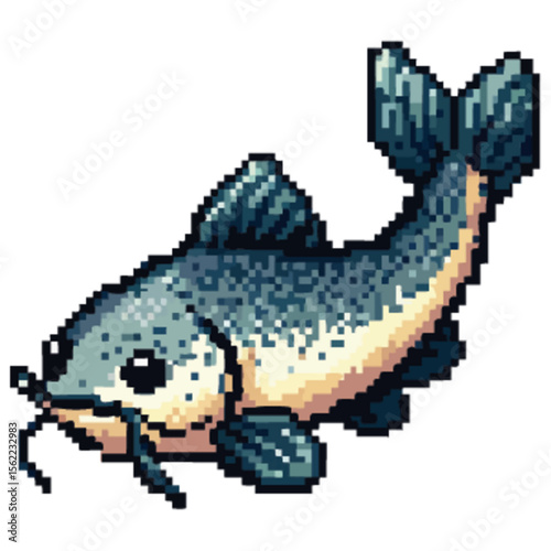 Pixelated illustration of a fish, showcasing details of scales, fins, and whiskers.