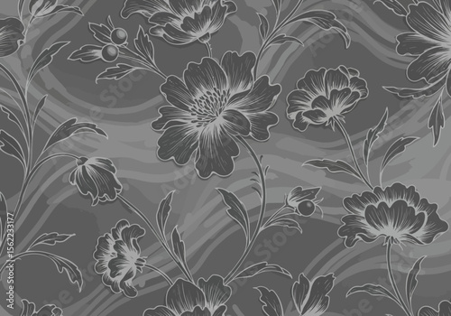 Floral pattern in grayscale featuring various flower and leaf arrangements against a textured background
