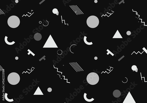 Geometric pattern on black Circles triangles crescents lines and zigzag shapes repeat across the image