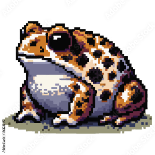 Pixel art illustration of a plump, spotted frog, sitting on a textured ground.