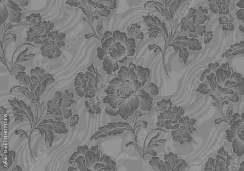 Gray floral pattern with various blooming flowers and foliage on a wavy background