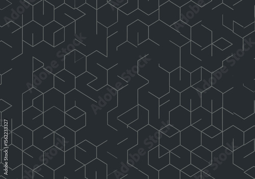 Gray lines form a pattern of hexagons and fragmented linear shapes on a solid dark gray background