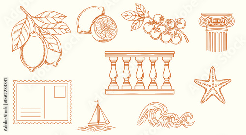 Mediterranean Vacation Sketch Set. Vintage line art with lemon, postcard, and wave. Hand drawn vector elements for travel posters or restaurant menus.