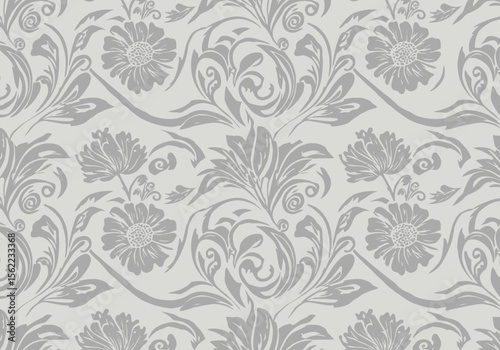 Graytone floral pattern with repeating motifs of stylized blossoms and foliage on a light background