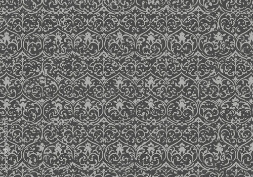 Graytone pattern arches atop rows of stylized swirls leaves  dots Mottled texture