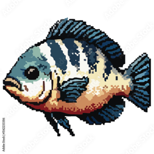 Pixelated illustration of a colorful fish with striped patterns, isolated on white.