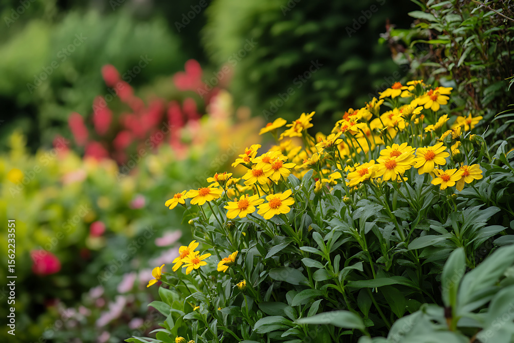 Obraz premium Closeup of Vibrant Yellow Zinnia Flowers in Lush Garden Setting