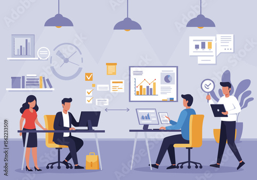Office scene with four cartoon workers separated desks monitors lamps charts and shelves in a lightcolored room