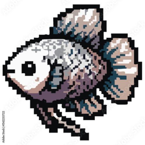 Pixel art depiction of a charming, small betta fish with variegated grey, white, and purple scales.