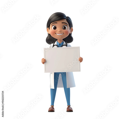 Medical Professional: A cheerful medical professional in a crisp white coat, holding a blank sign, offering a clean space for your message, ideal for health and wellness themes.