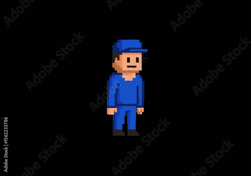 Pixelated man in blue uniform  cap stands against a black background
