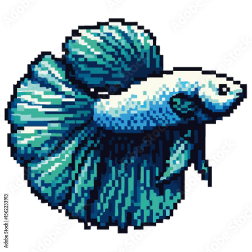 Pixelated image of a Betta fish, showcasing its flowing fins and vibrant blue and white coloration.